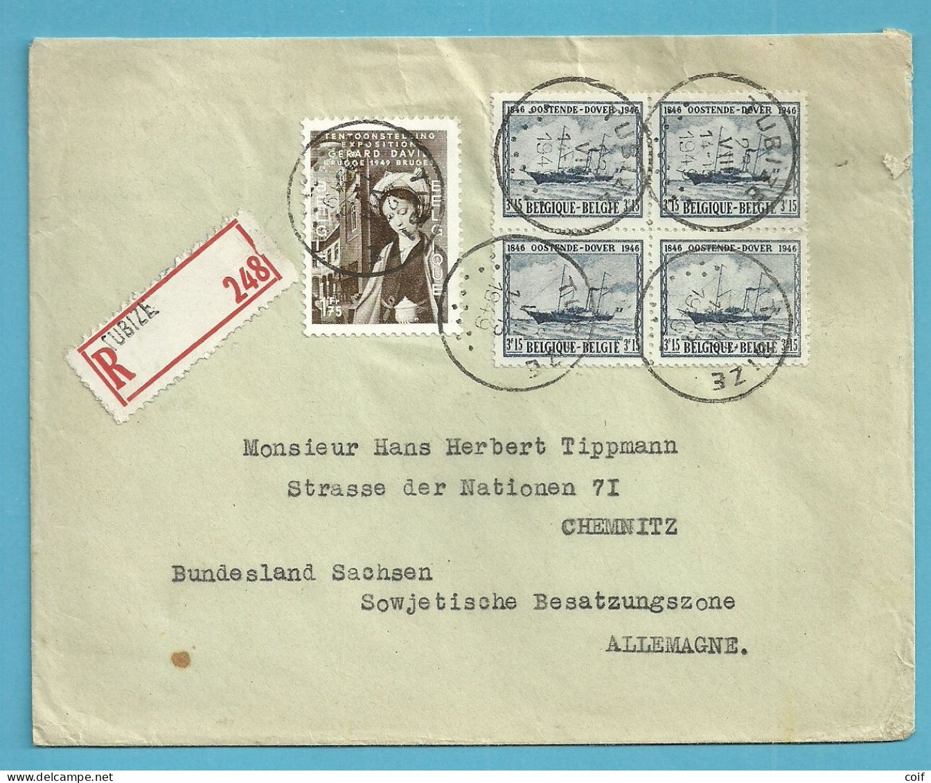 727 (Oostende-Dover) +811 Op Brief Aangetekend Stempel TUBIZE - Brieven En Documenten
