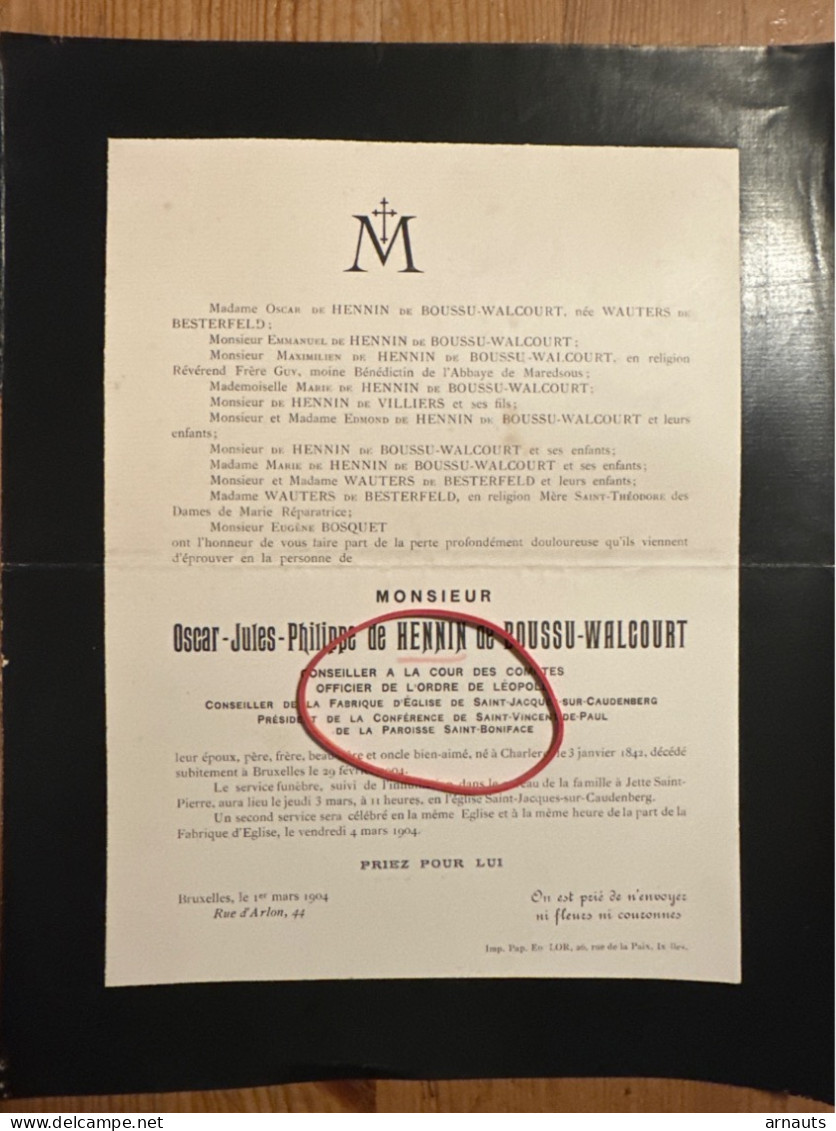 Monsieu Oscar De Hennin De Boussu-Walcourt *1842 Charleroi +1904 Bruxelles Jette Wauters De Besterfeld Bosquet Maredsous - Todesanzeige