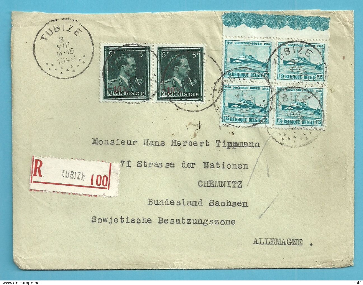 724T (-10%) + 725 (Oostende-Dover)  Op Brief Aangetekend Stempel TUBIZE - Covers & Documents