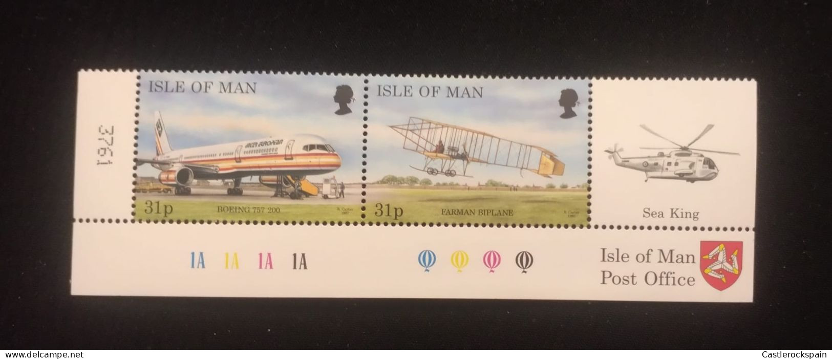 O) ISLE OF MAN, PLANE, HELICOPTER, BIPLANE, BEING 757, FARMAN BIPLANE, SEA KING, MNH - Isola Di Man