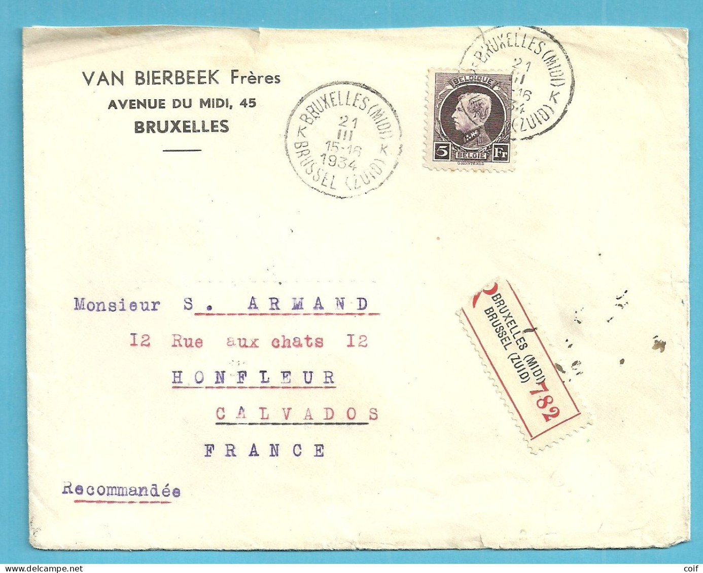 217 (5Fr) Op Brief Aangetekend Stempel BRUXELLES Naar CALVADOS (France) - 1921-1925 Piccolo Montenez