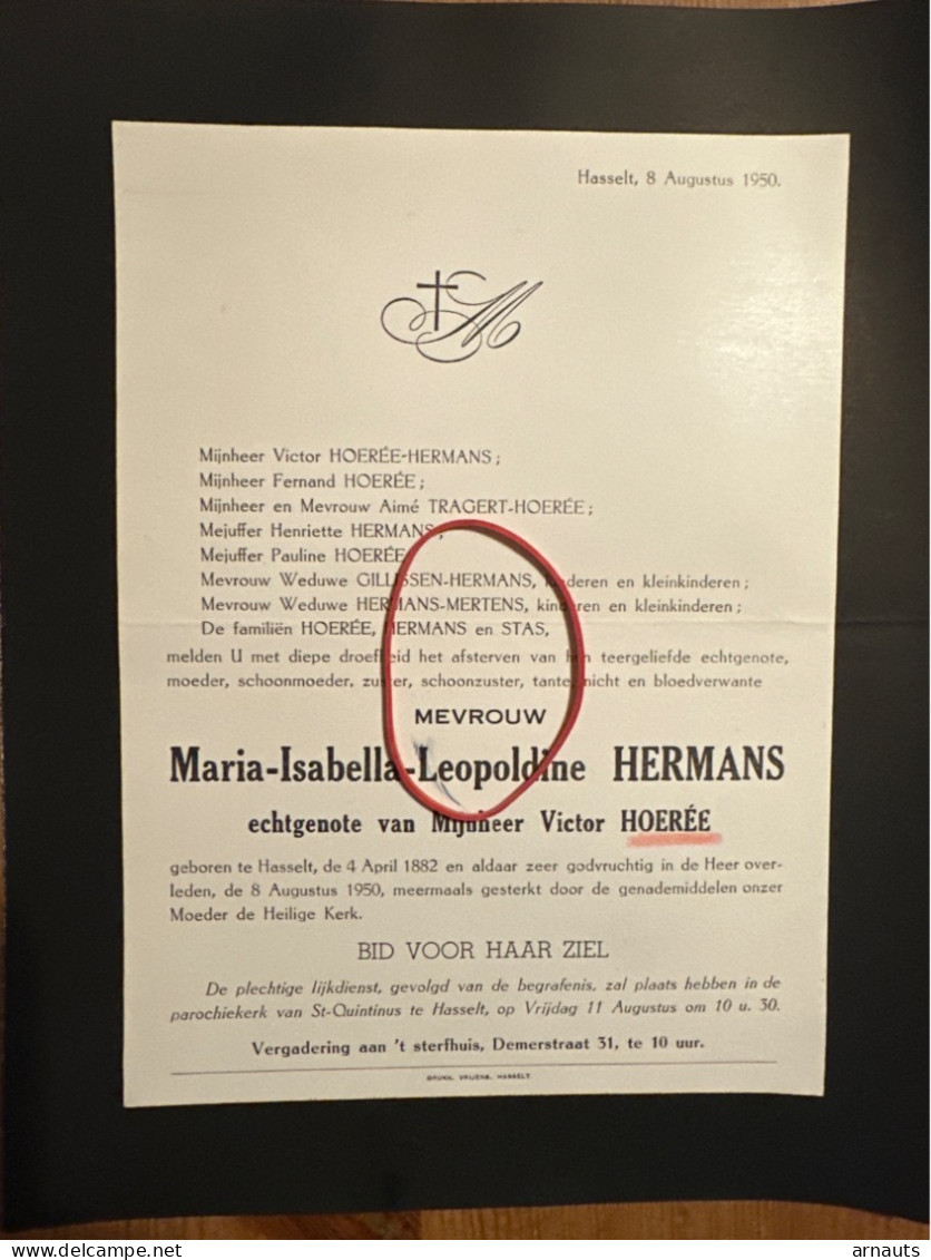 Mevr Maria Isabella Hermans Echtg Victor Hoeree *1882 Hasselt +1950 Hasselt Tragert Stas Gillissen Mertens - Avvisi Di Necrologio