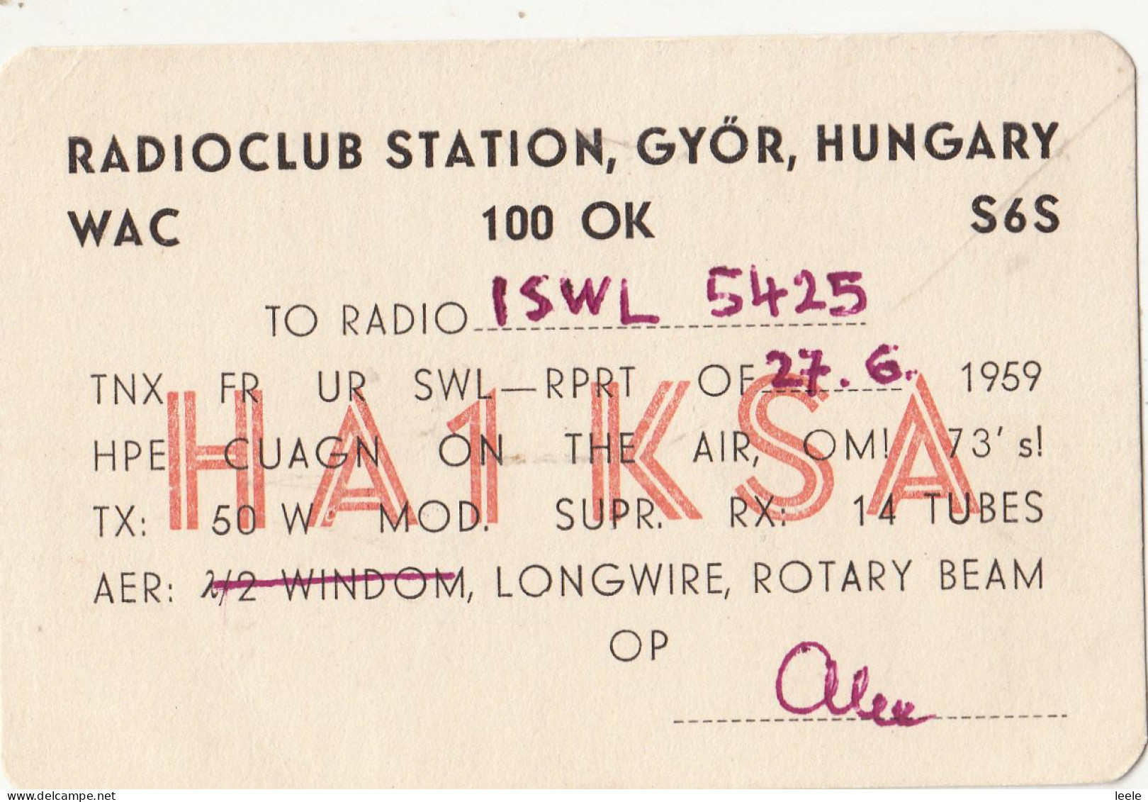 A39. Vintage QSL Radio Communication Card. Gyor, Hungary.1959. - Radio