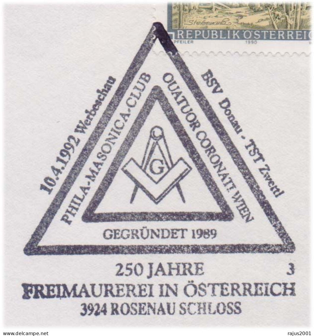 250 Years Of Freemasonry In Austria, First Masonic Stamp Advertising Show In Masonry Museum ROSENAU CASTLE, Compass, FDC - Massoneria