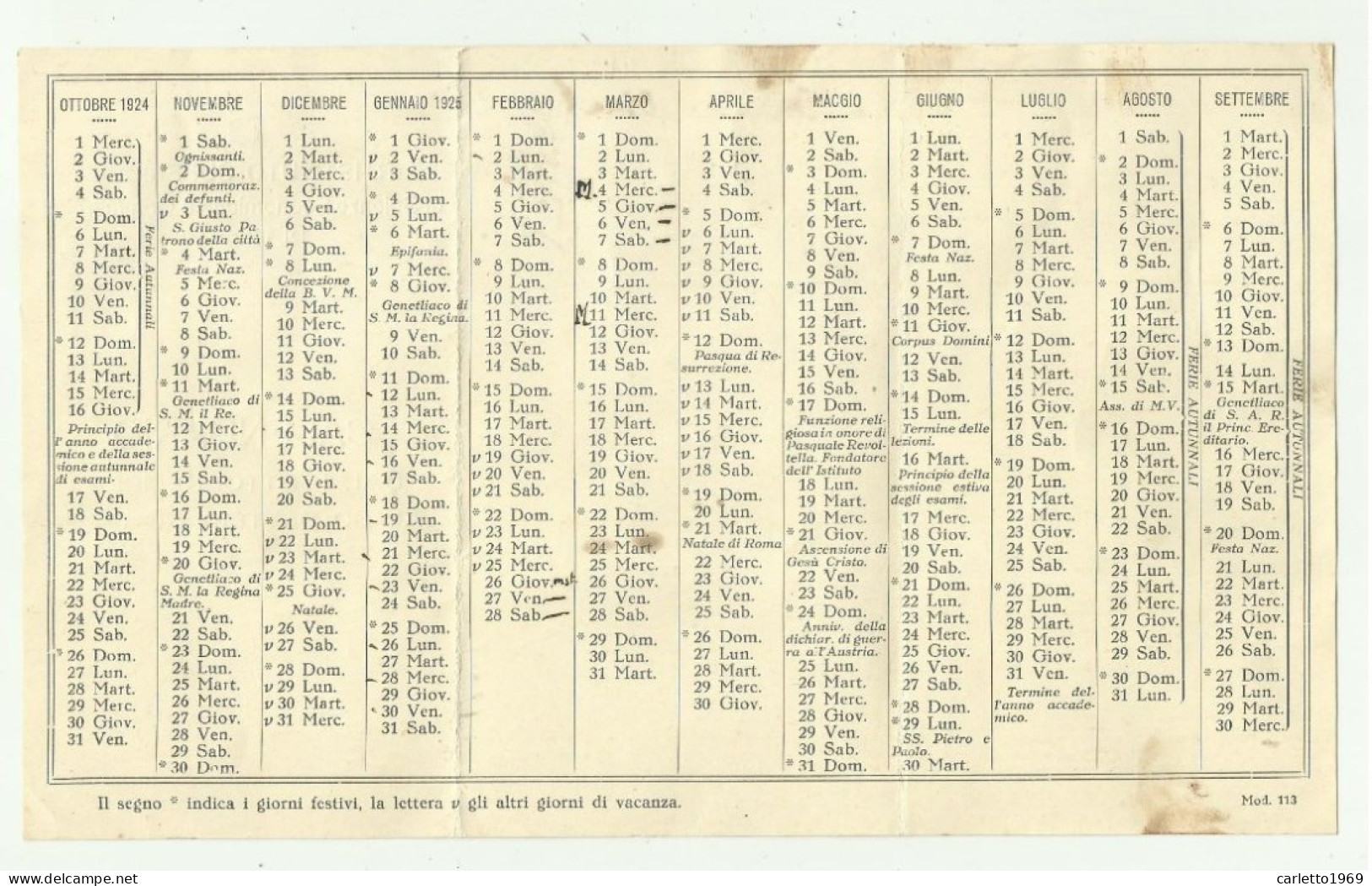 CALENDARIO R.ISTITUTO SUPERIORE DI SCIENZE ECONOMICHE E COMMERCIALI DI TRIESTE 1924-1925 - CM.14X8 - Grand Format : 1921-40