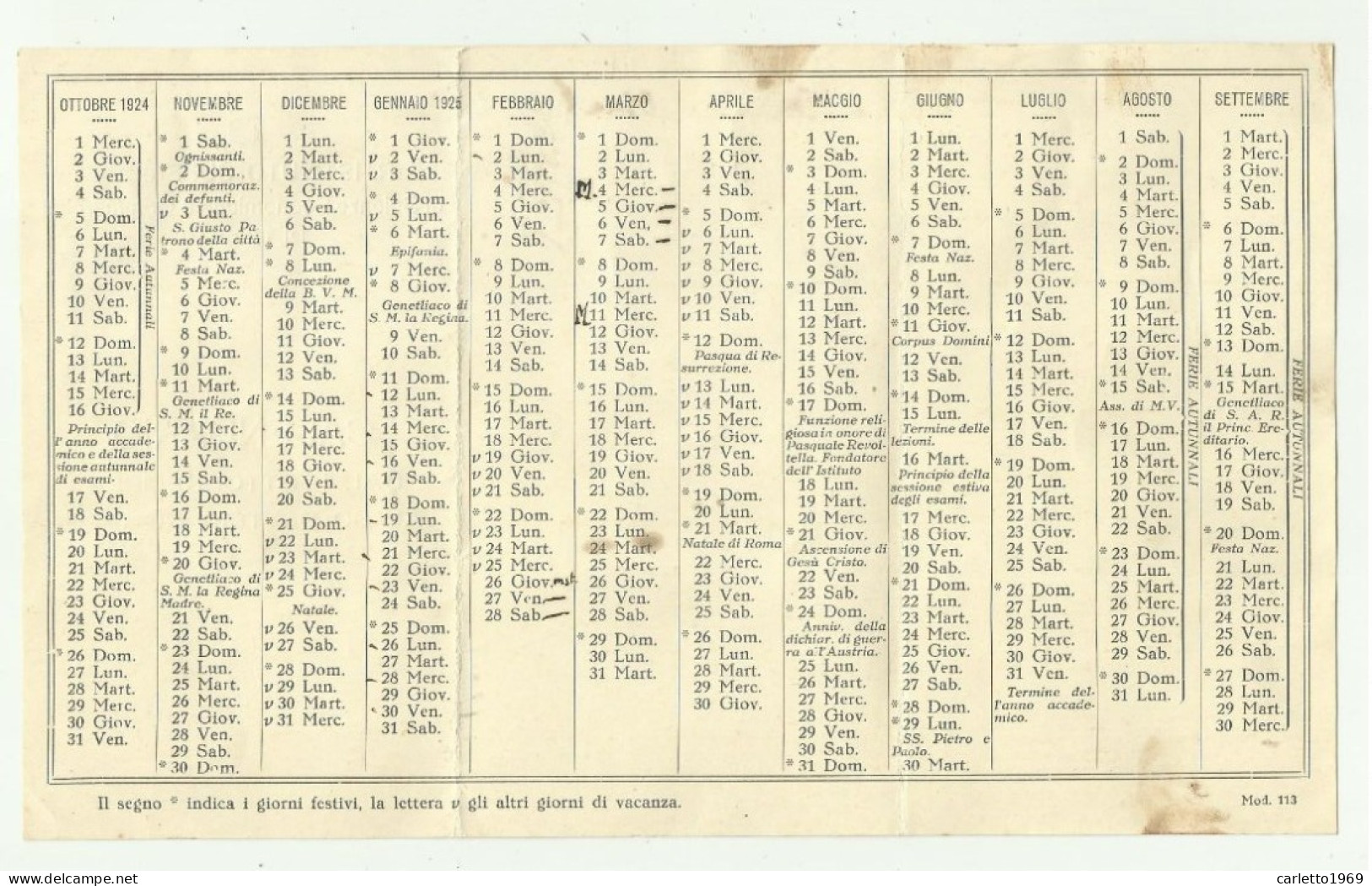 CALENDARIO R.ISTITUTO SUPERIORE DI SCIENZE ECONOMICHE E COMMERCIALI DI TRIESTE 1924-1925 - CM.14X8 - Big : 1921-40