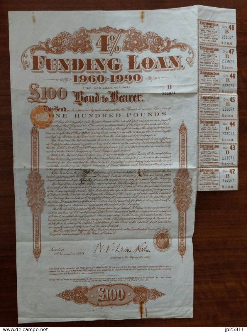 UK  - 4% Funding Loan 1960-1990 100 Pounds London 1919 State Bond  -not Cancelled - Extreme Rare - Andere & Zonder Classificatie