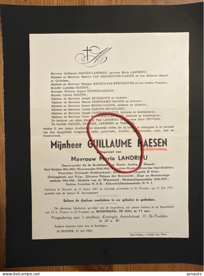 Mijnheer Guillaume Haesen Echtg Landrieu Maria *1887 Hasselt +1951 St.-TRUIDEN Deurwaarder Van Kerckhoven Sevenants - Todesanzeige