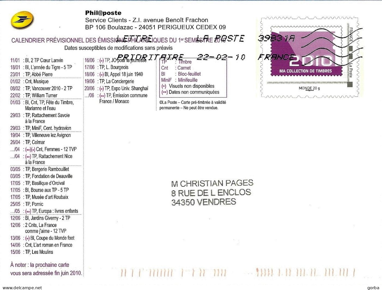 *Carte Entier Postal Monde 20g Programme Philatélique 2010 -le 1ér Semestre. - Pseudo-officiële  Postwaardestukken
