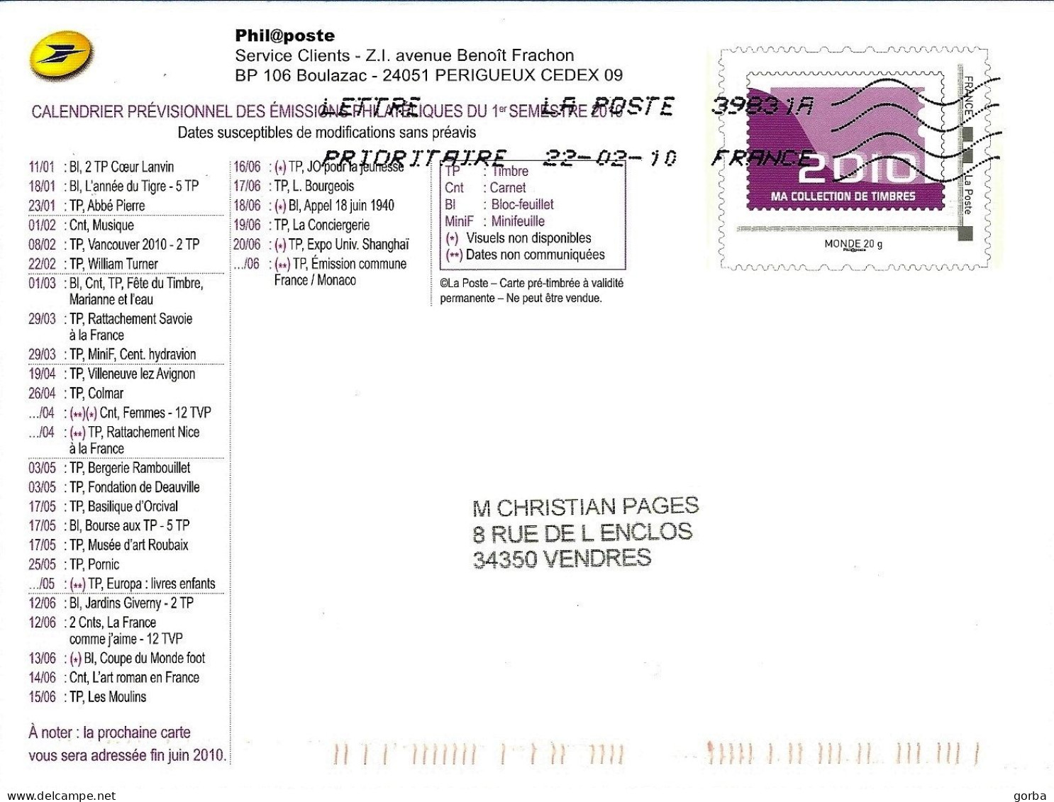 *Carte Entier Postal Monde 20g Programme Philatélique 2010 -le 1ér Semestre. - Enteros Administrativos