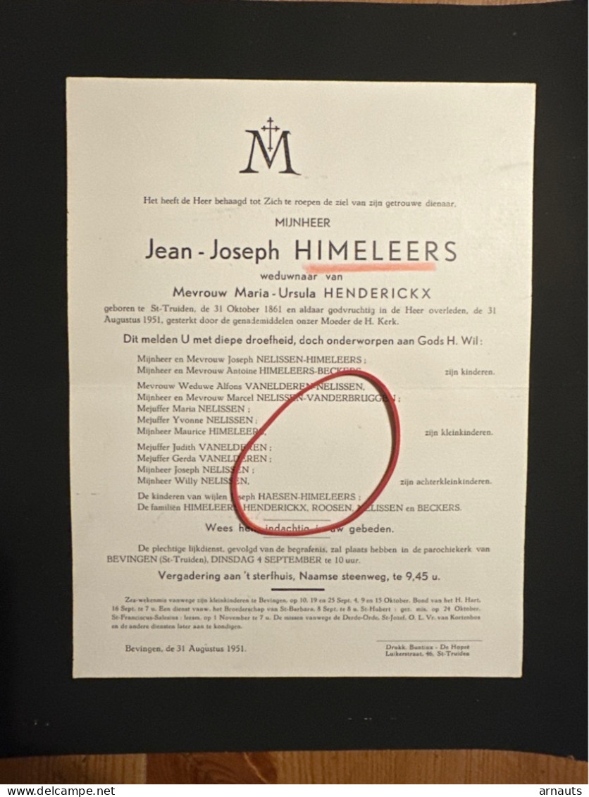 Jean-Joseph Himeleers Wed Henderickx Maria-Ursula *1861 St.-Truiden +1951 Sint-Truiden Bevingen Nelissen Vanelderen Beck - Obituary Notices