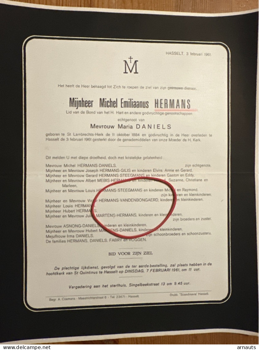 Michel Emiliaanus Hermans Echtg Daniels Maria *1884 St Lambrechts Herk +1961 Hasselt Steegmans Vandenbongaerd Asnong Fab - Décès