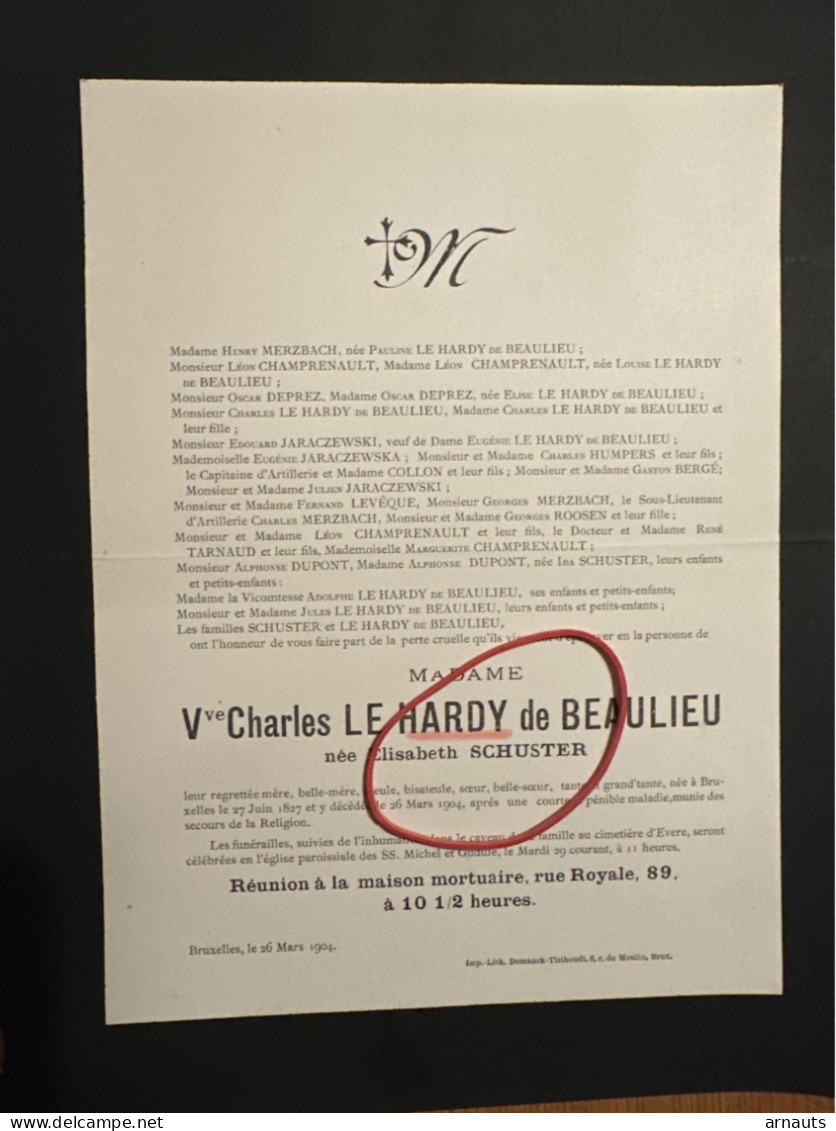Veuve Charles Le Hardy De Beaulieu Nee Elisabeth Schuster *1827 Brussel +1904 Bruxelles Evere Merzbach Champrenault Jara - Obituary Notices