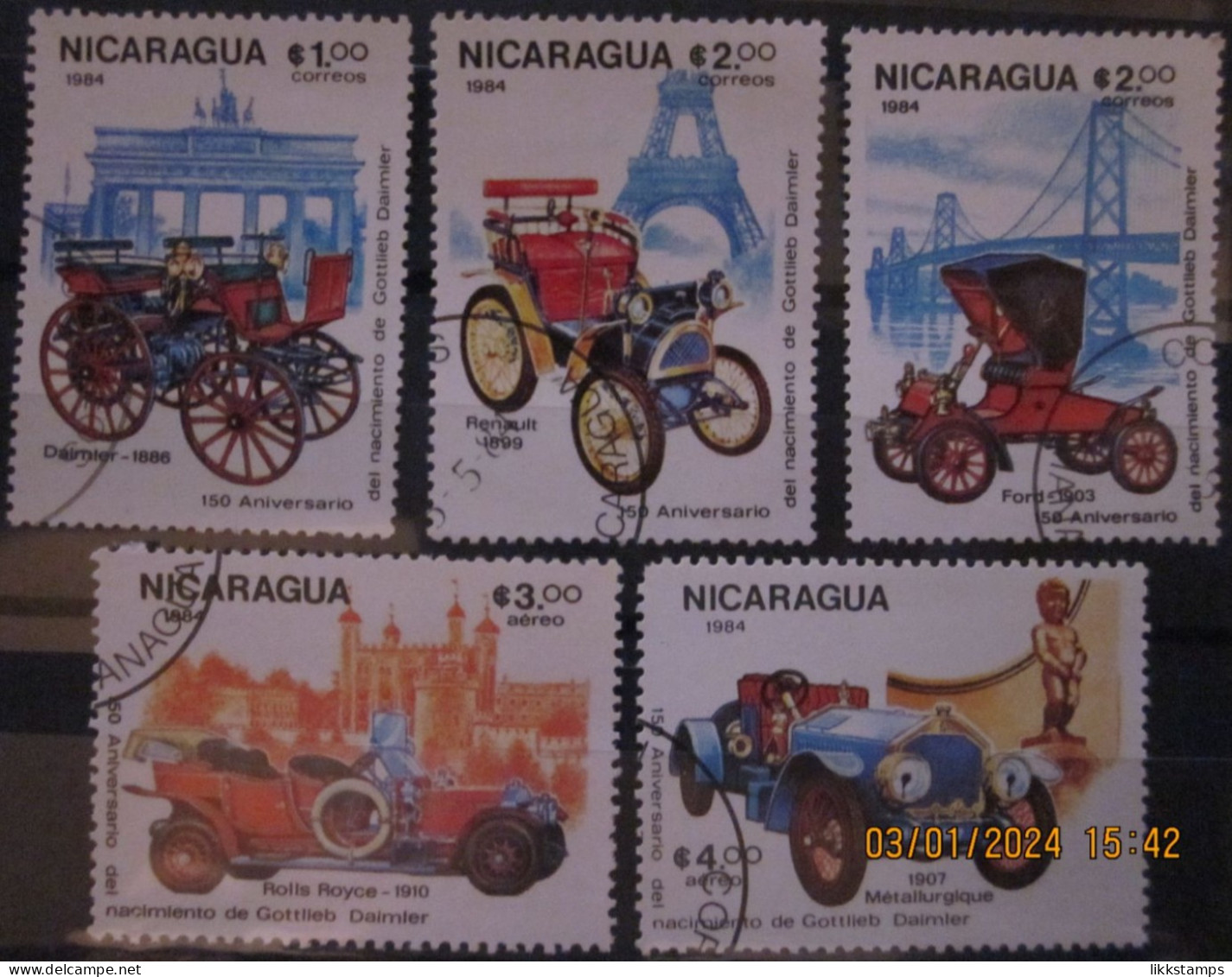 NICARAGUA ~ 1984 ~ S.G. NUMBERS 2599 + 2601 - 2604. ~ VINTAGE CARS. ~ VFU #03496 - Nicaragua