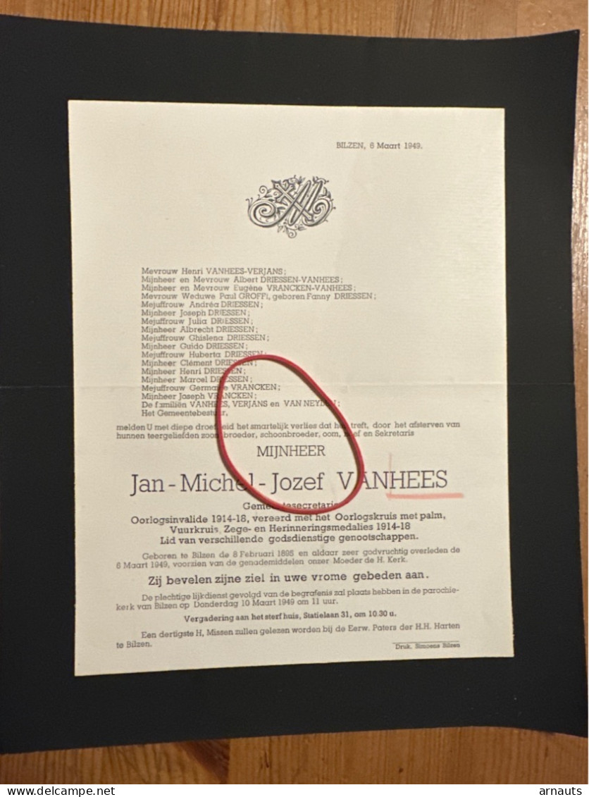 Mijnheer Jan-Michel Vanhees *1895 Bilzen +1949 Bilzen Gemeentesecretaris 14-18 Oorlogsinvalide Verjans Driessen Groffi V - Obituary Notices