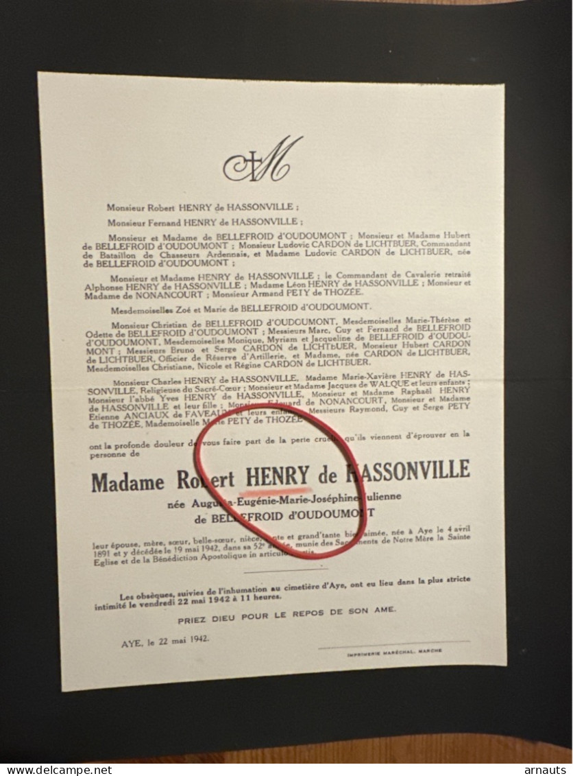Madame R. Henry De Hassonville Nee De Bellefroid D’Oudoumont *1891 Aye +1942 Aye Marche Cardon De Lichtbuer Pety De Thoz - Esquela