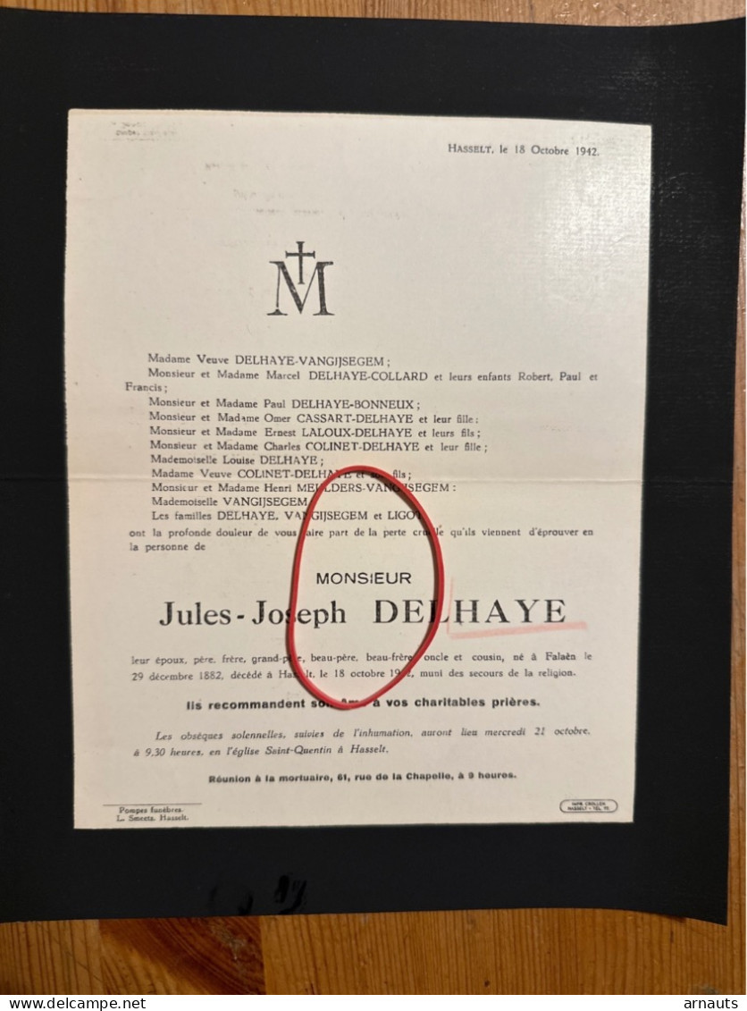 Jules-Joseph Delhaye *1882 Falaen +1942 Hasselt époux Vangijsegem Collard Ligot Laloux Cassart Bonneux - Obituary Notices