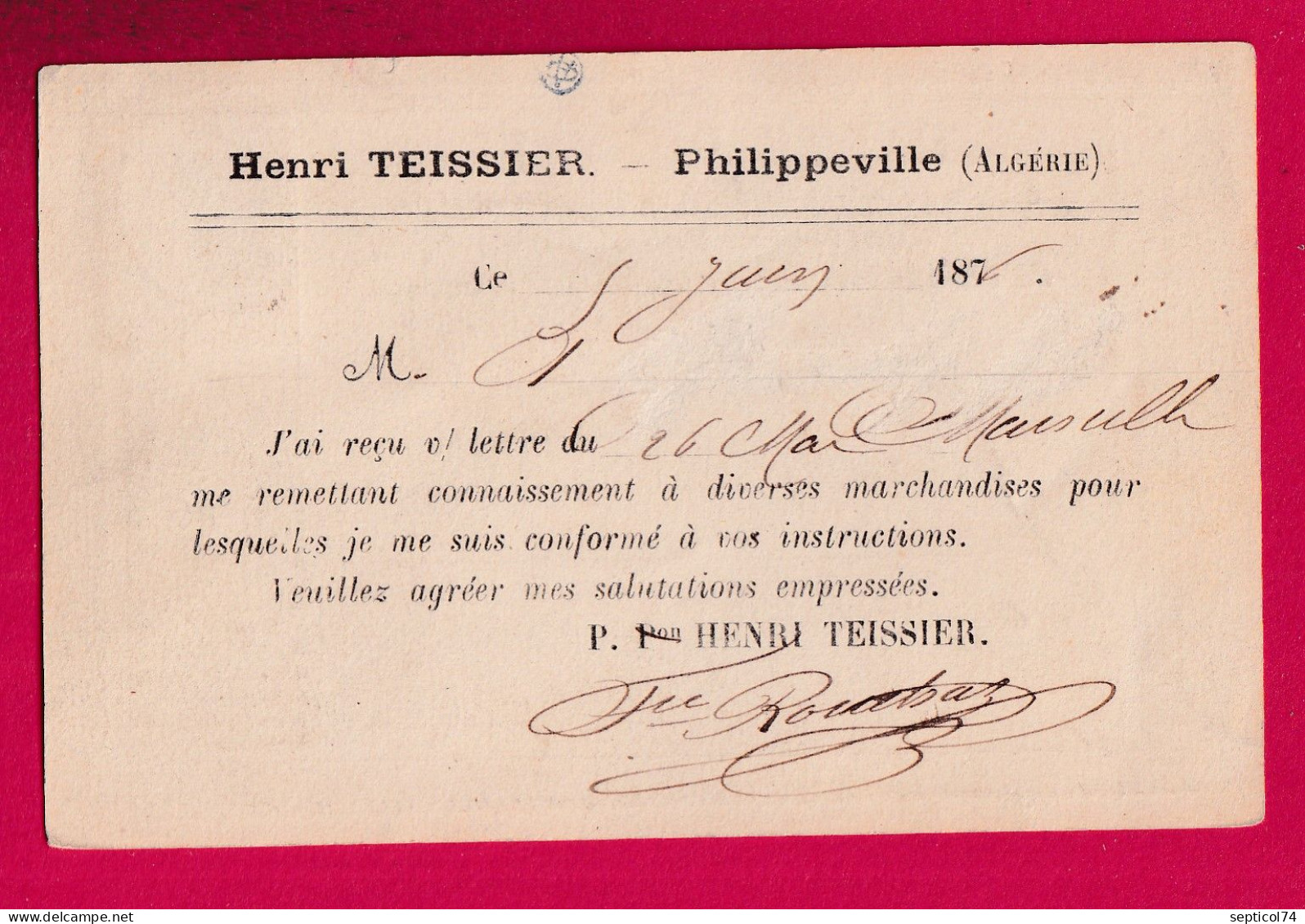 CARTE PRECUSEUR REPIQUEE TEISSIER PHILIPPEVILLE ALGERIE 1876 POUR MARSEILLE LETTRE - 1849-1876: Classic Period