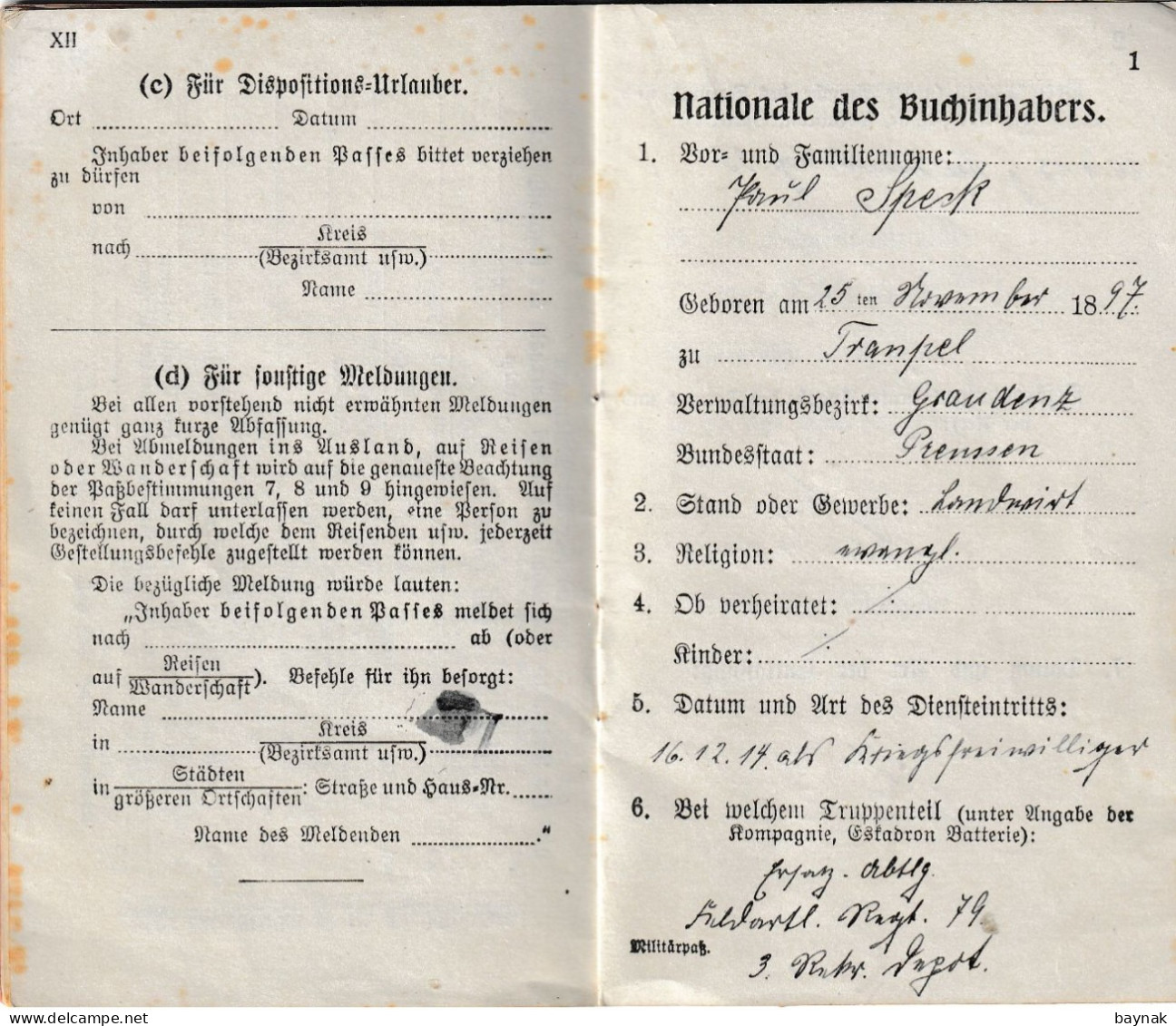 DEUTSCHLAND  -  POLAND   --  GRAUDENZ  ( GRUDZIADZ )  --  PREUSSEN  - MILITARPASS  --  RES. FELDART.  REG. 35, REG. 79 - Documentos