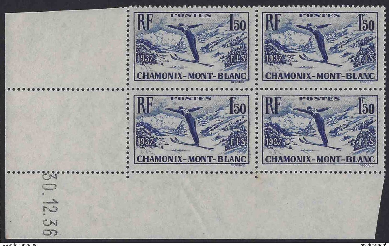 FRANCE Bloc De 4 Coin Datés 30/12/36 N°334** 1FR50 SAUT Championnat Internationaux De SKI CHAMONIX Cote Yvert : 80 € - 1930-1939