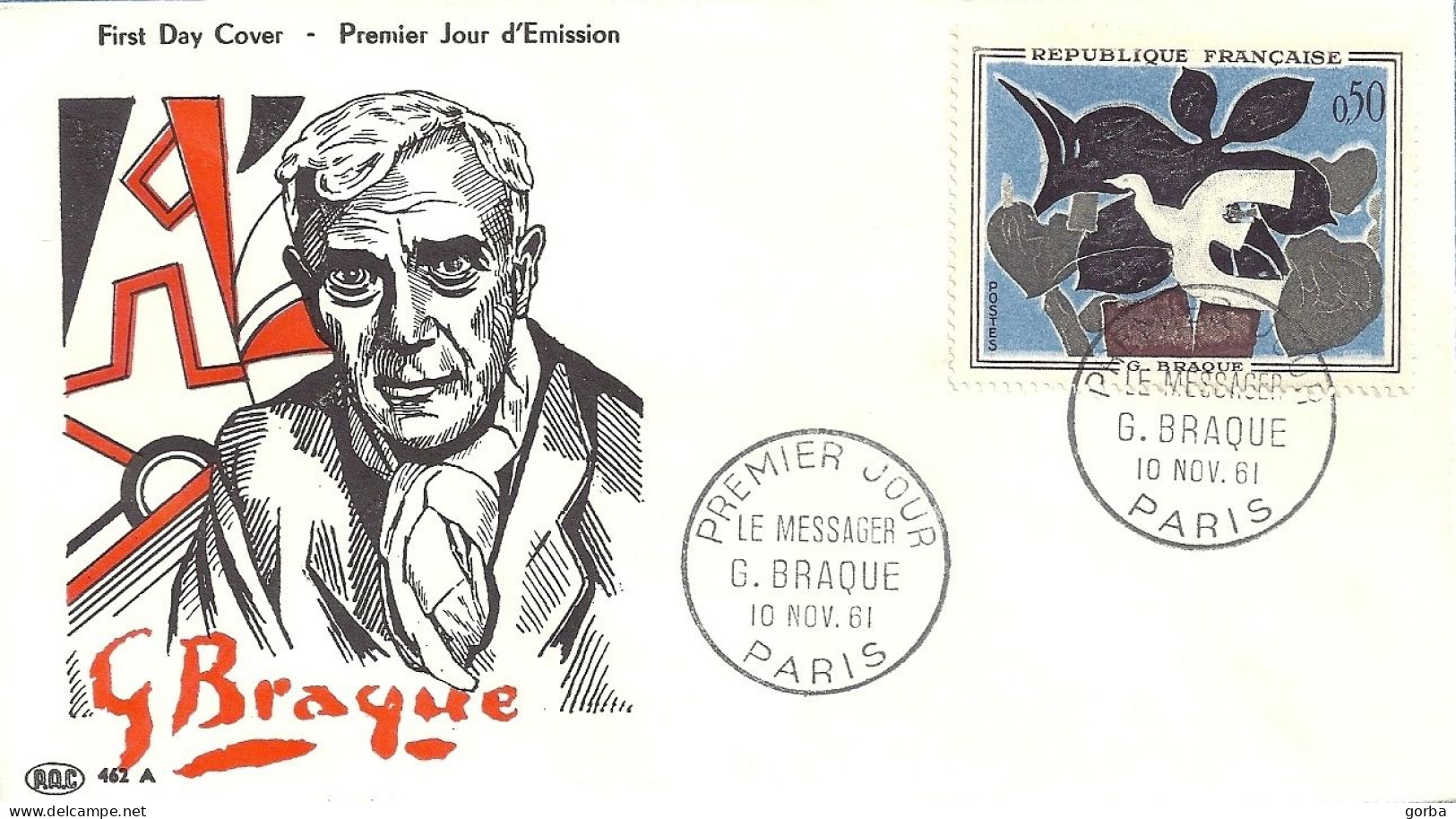 *FDC  Le Messager - George Braques - 10.11.19618 - 1er Jour. Coté 35.00 &euro; - 1960-1969