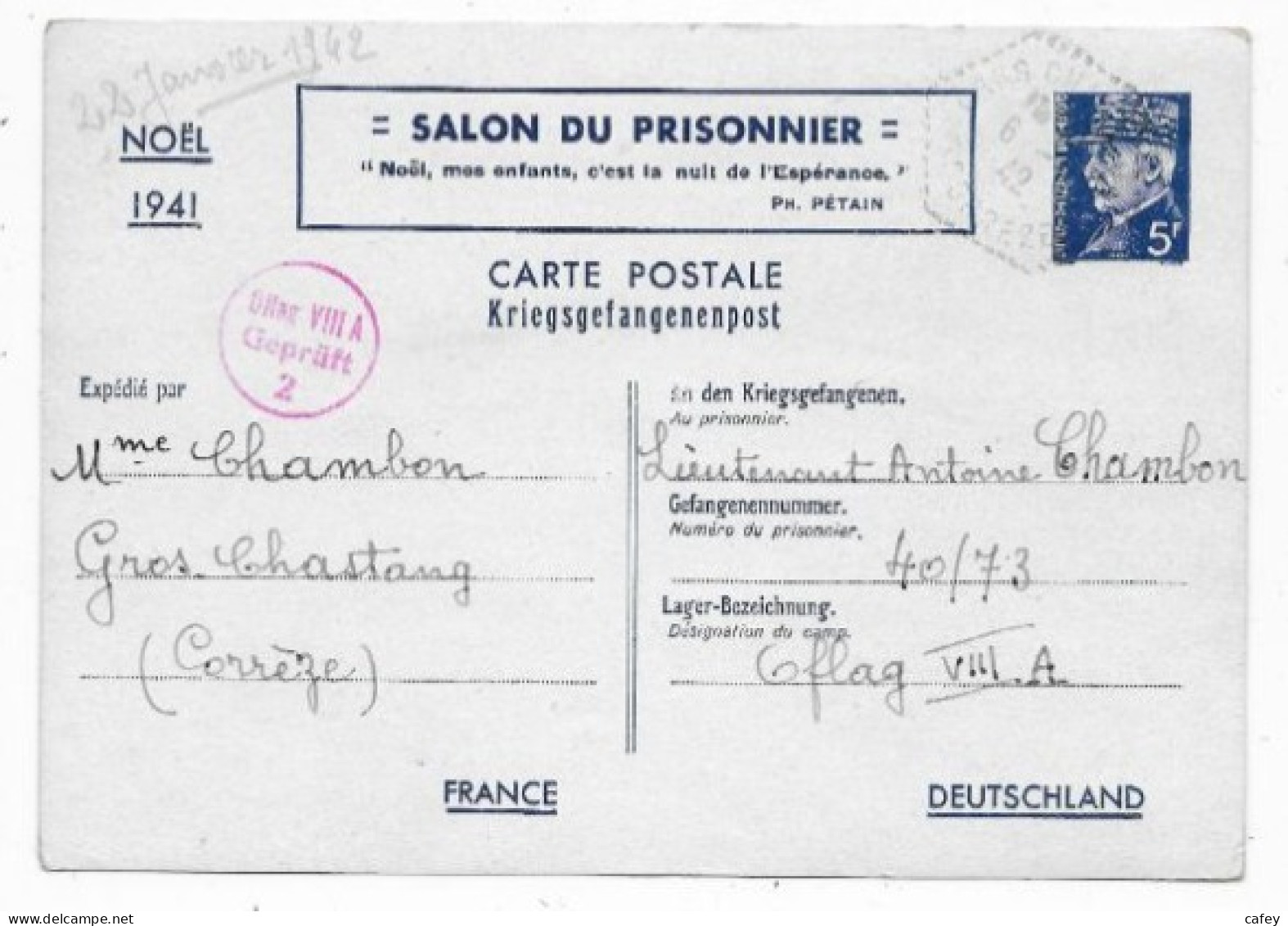 Entier 5F PETAIN Prisonnier NOEL 1941 Envoie De GROS CHARTANG CORREZE P / OFLAG VIII A (lieutenant CHAMBON) - 2. Weltkrieg 1939-1945