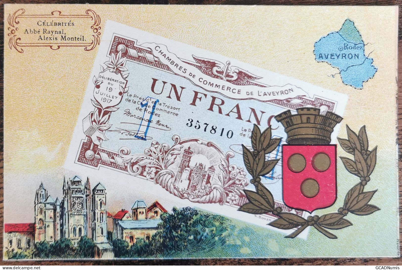 CARTE POSTALE Billet 1 Franc Chambre De Commerce De L'AVEYRON - Autres & Non Classés