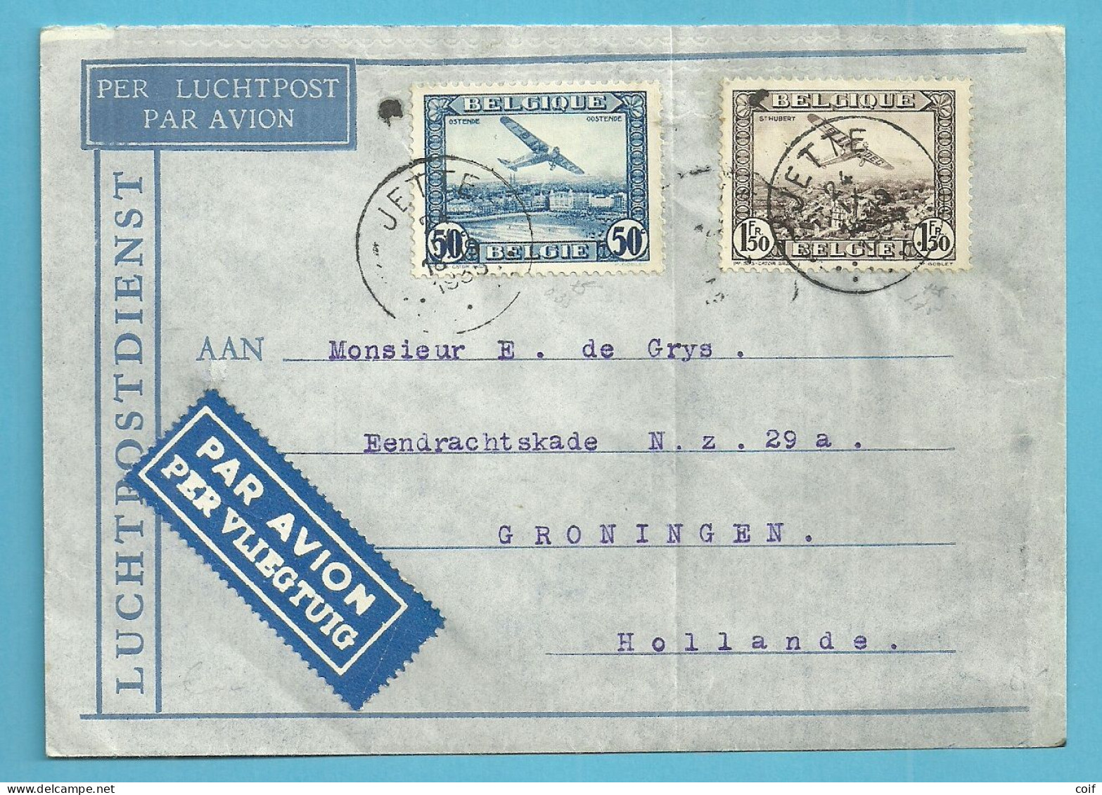 LP 1+2 Op Brief Per Luchtpost (avion) Stempel JETTE Naar Groningen - Lettres & Documents