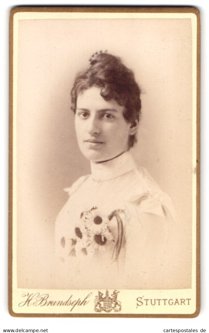 Fotografie Hermann Brandseph, Stuttgart, Marienstrasse 36, Portrait Junge Dame Im Kleid Mit Ansteckblumen  - Anonieme Personen