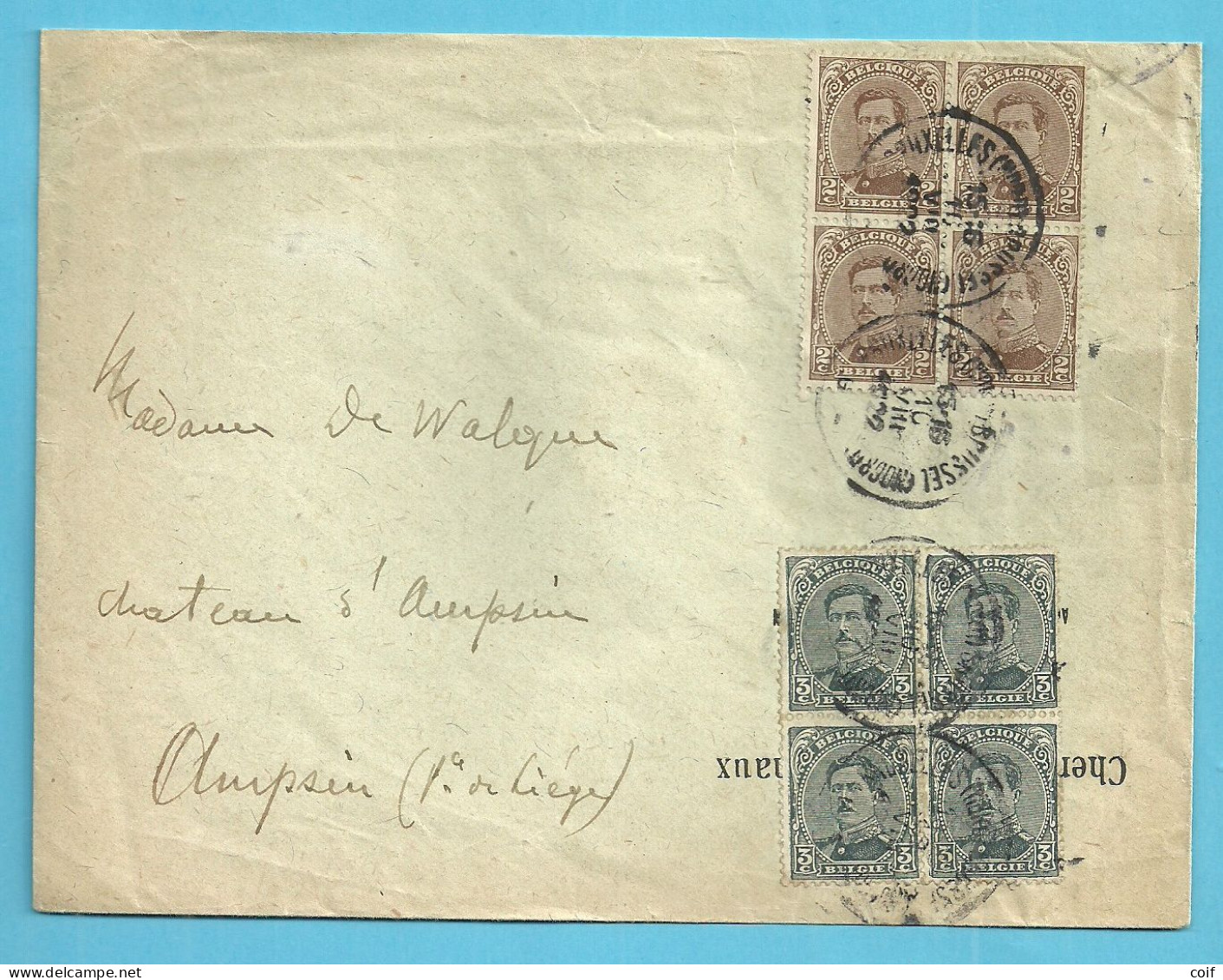 136+183 In Blok Van 4 Op Brief Stempel BRUXELLES - 1915-1920 Alberto I