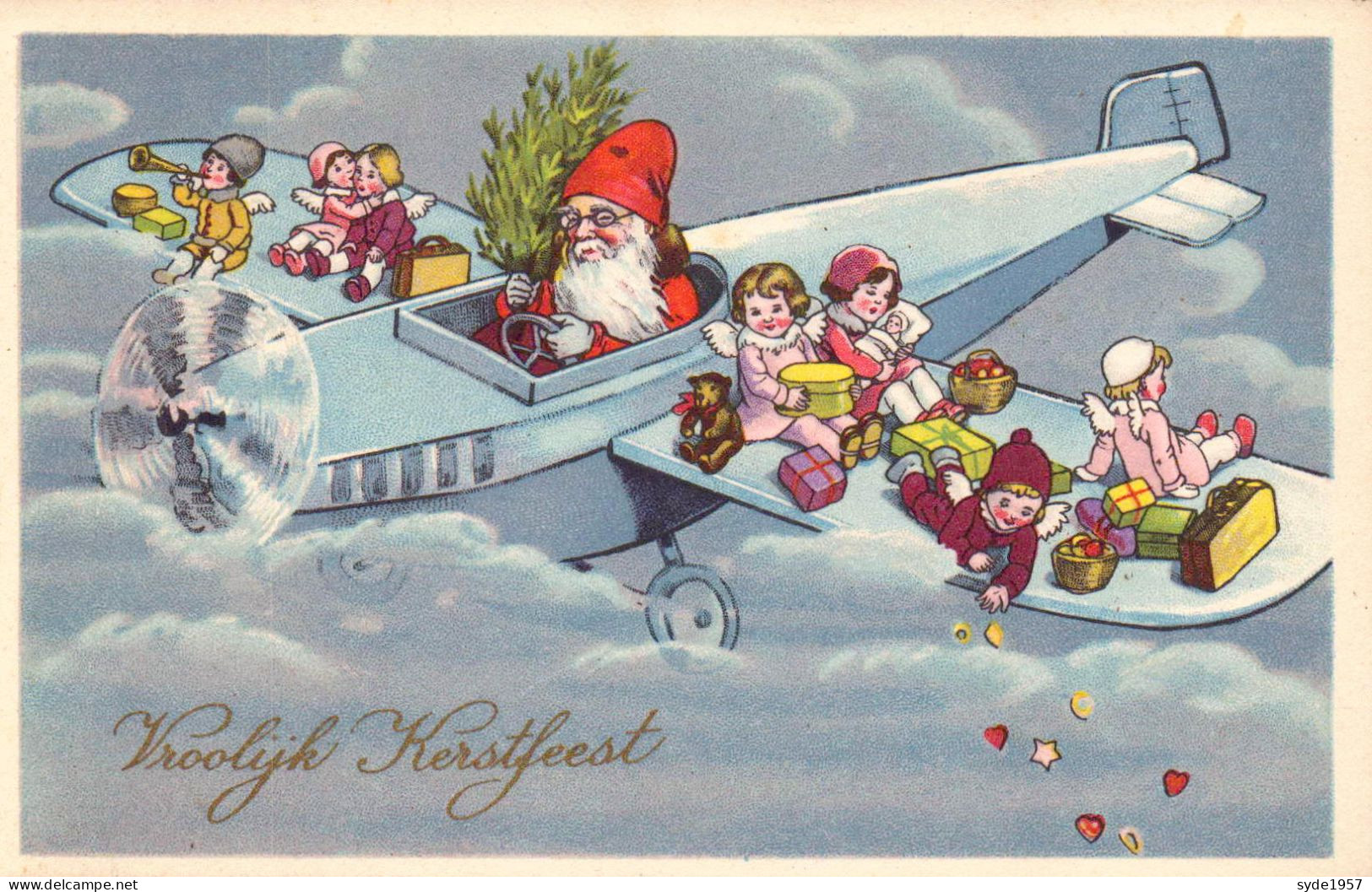 Père Noel En Avion Avec Enfants Et Jouets Sur Les Ailes - Santa Claus