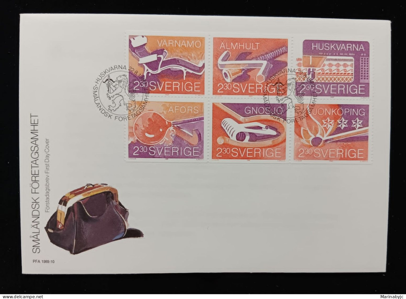 D)1989, SWEDEN, FIRST DAY COVER, ISSUE, COMPANIES IN SMÅLAND, HAMMOCKS, VÄRNAMO, FURNITURE TOOLS. ALMHULT, SEWING MACHIN - Other & Unclassified