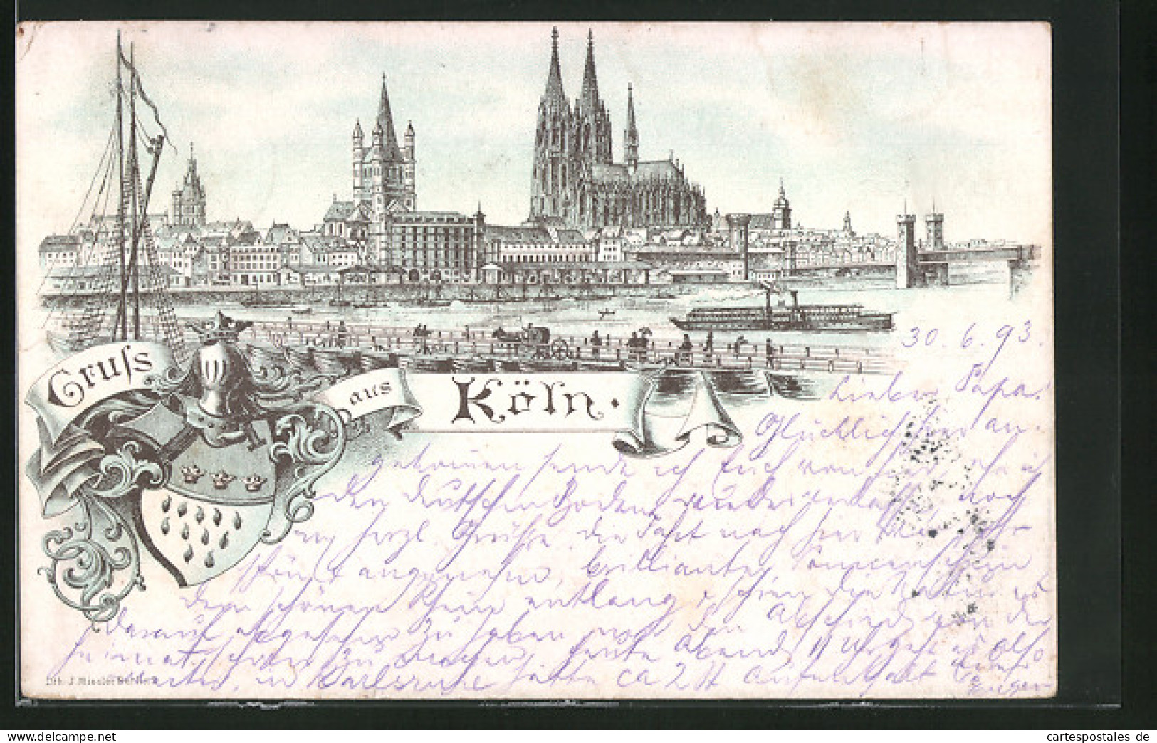 Vorläufer-Lithographie Köln, 1893, Dampfer Auf Dem Rhein, Blick Zum Dom  - Koeln