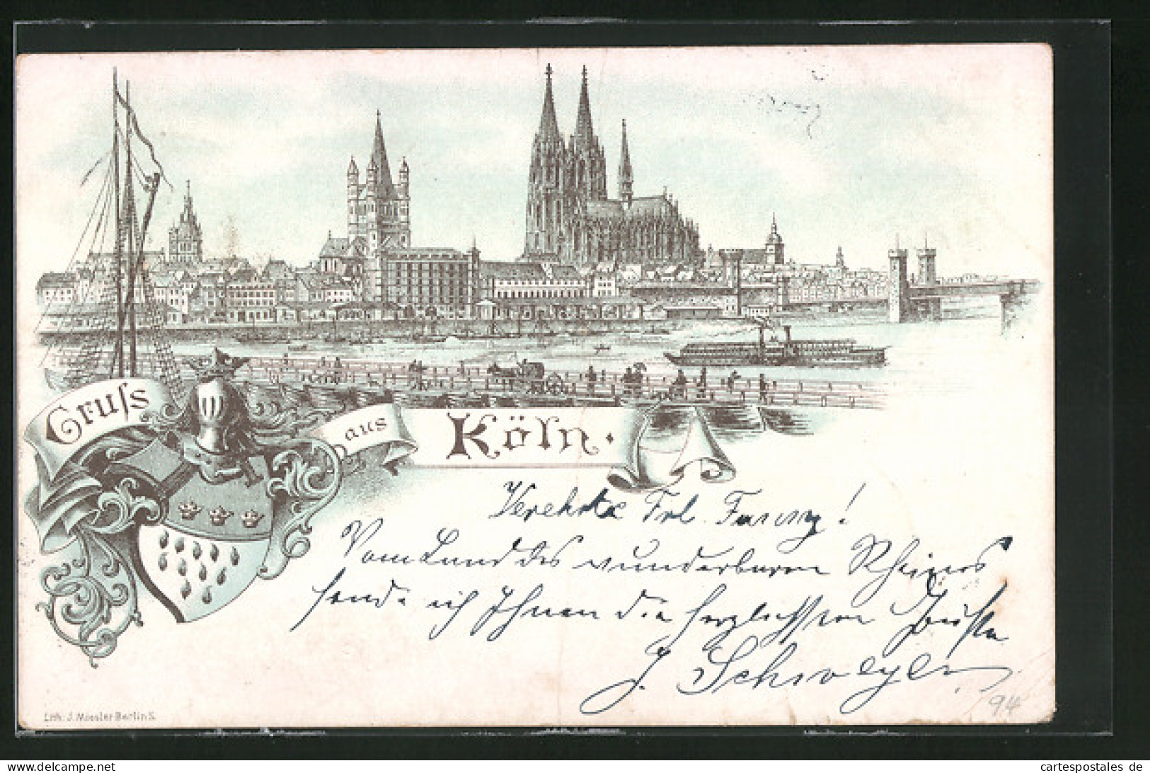 Vorläufer-Lithographie Köln, 1894, Rhein-Dampfer Passiert Den Dom  - Koeln