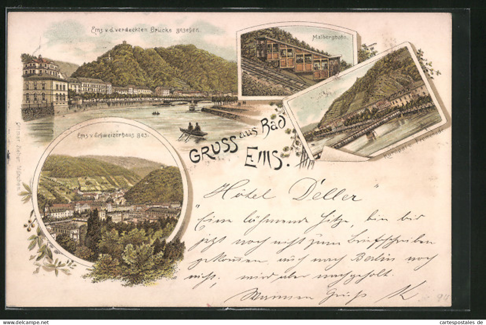 Vorläufer-Lithographie Bad Ems, 1894, Kursaal Und Promenade, Malbergbahn, Ortsansicht  - Bad Ems
