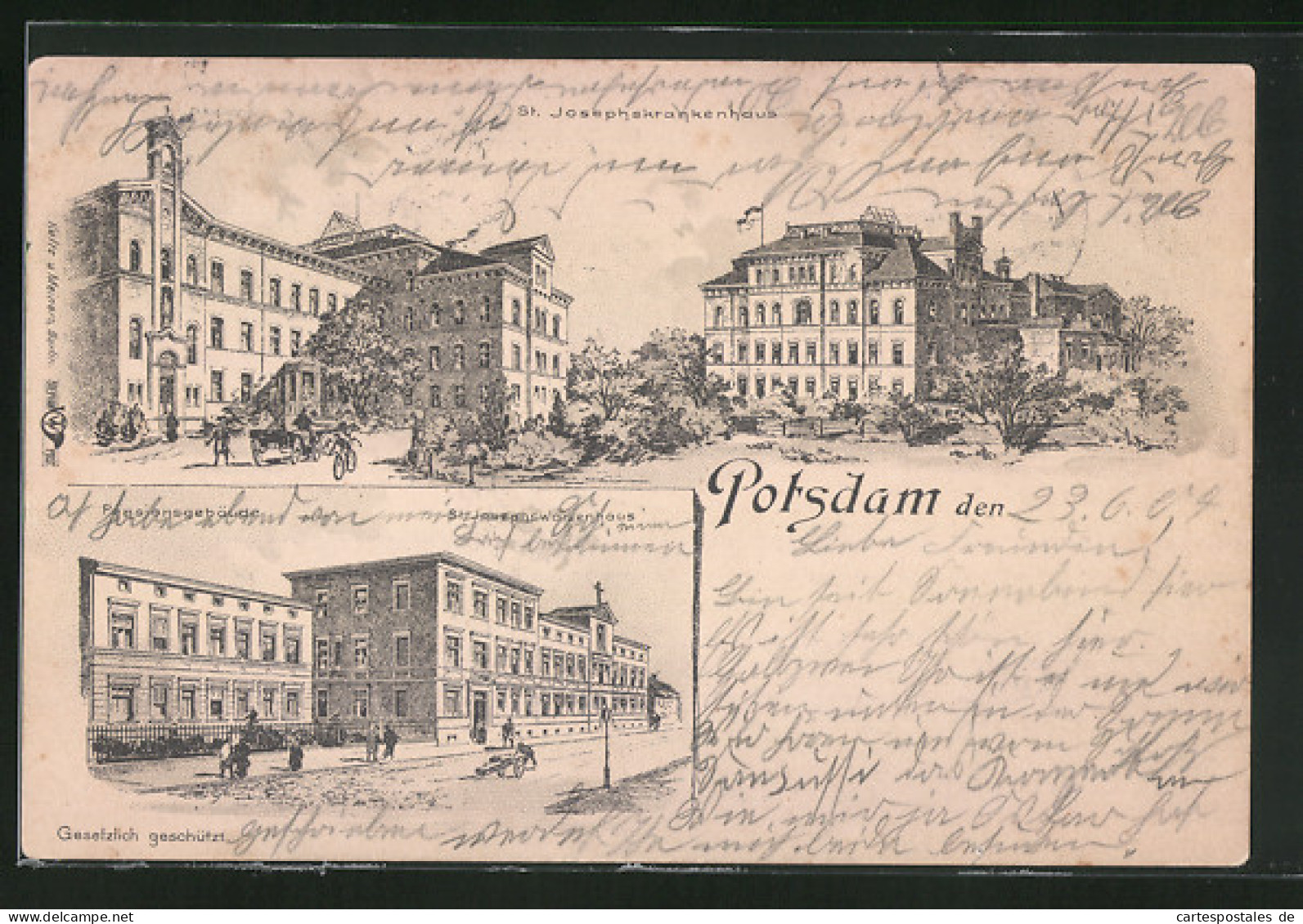 Lithographie Potsdam, Pensionsgebäude Und St. Josephs-Waisenhaus, St. Josephskrankenhaus  - Potsdam