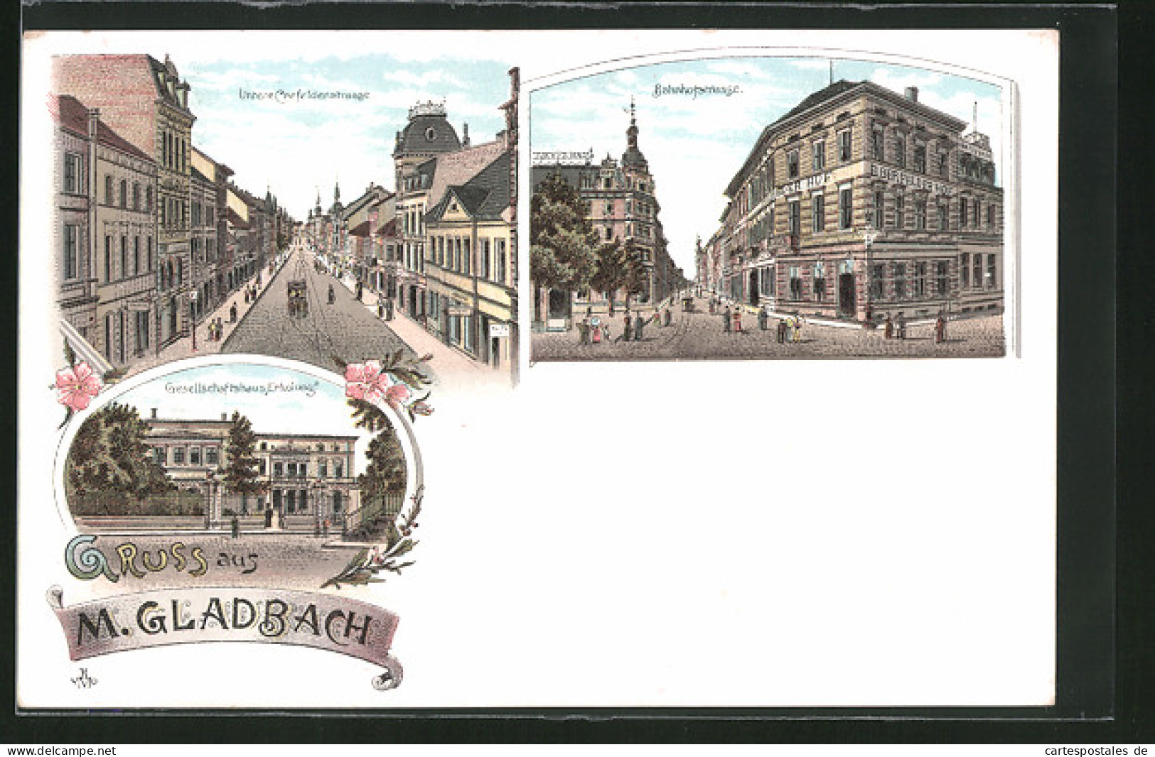 Lithographie Mönchengladbach, Gasthaus Und Gesellschaftshaus Erholung, Bahnhofstrasse Mit Hotel Elberfelder Hof  - Mönchengladbach