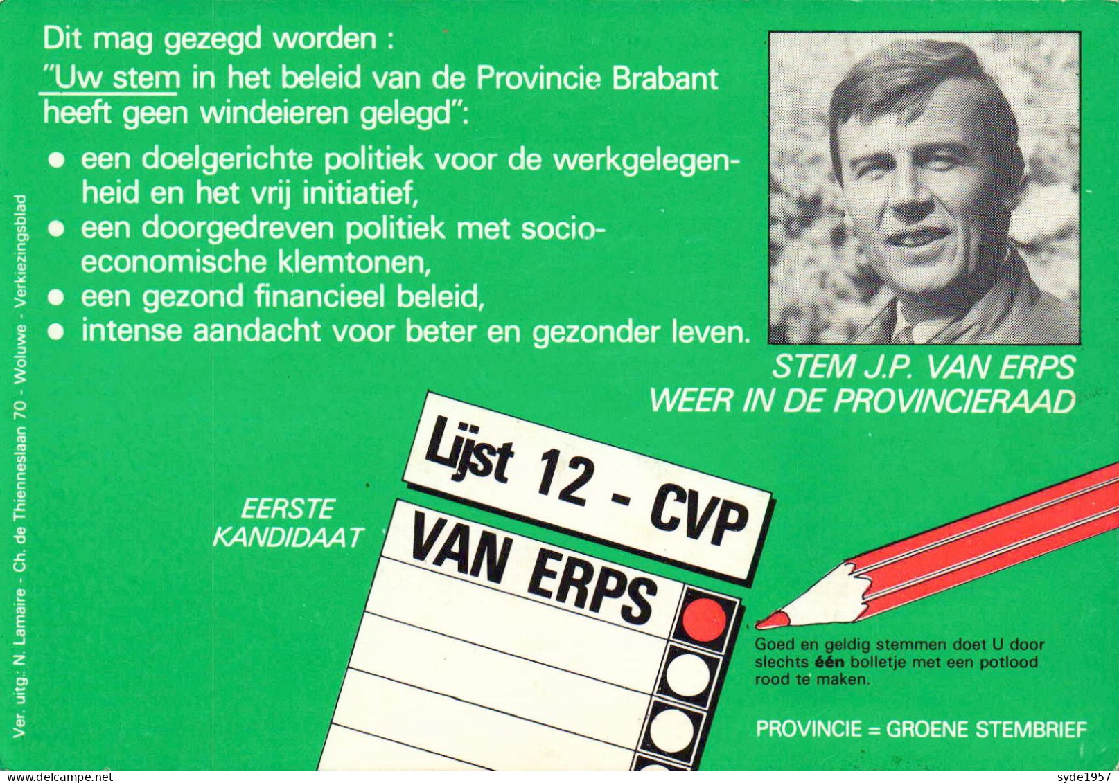 CVP Van Erps J P Eerste Kandidaat (lijst 12) Anno 19?? ( Zie Foto's ) Verso = St Pieters Woluwe In 1912 - Political Parties & Elections