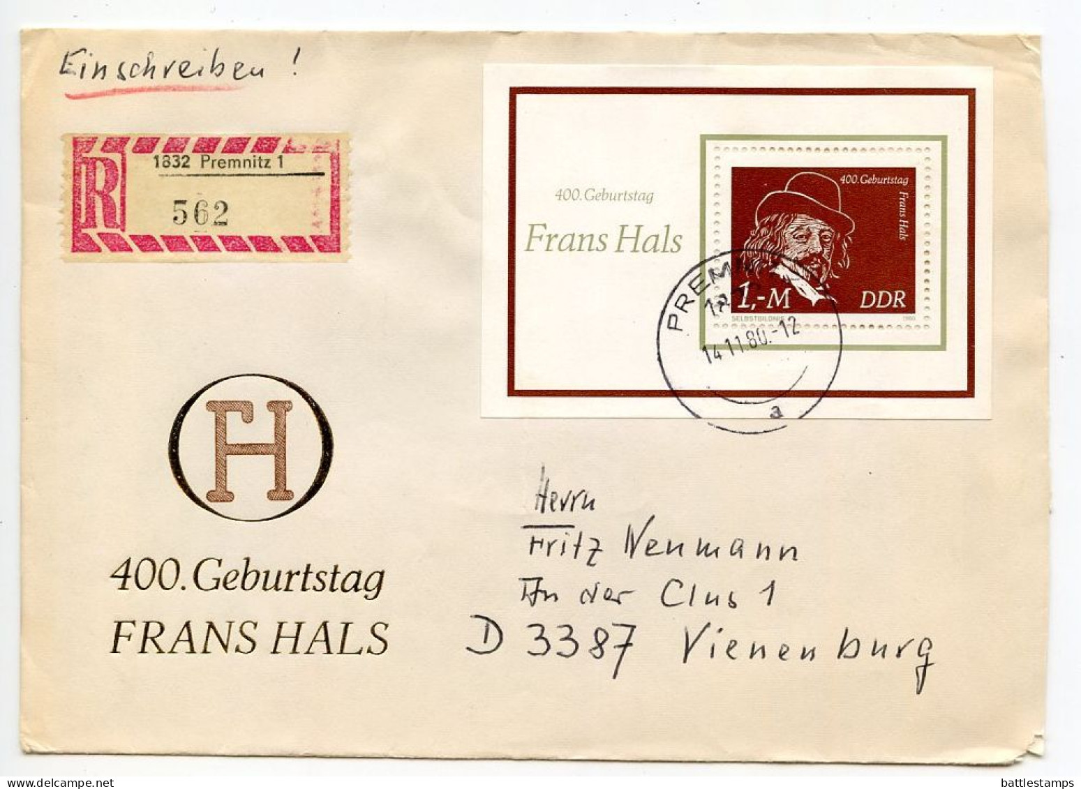 Germany, East 1980 Registered Cover; Premnitz To Vienenburg; 1m. Frans Hals Self-Portrait Painting Souvenir Sheet - Cartas & Documentos