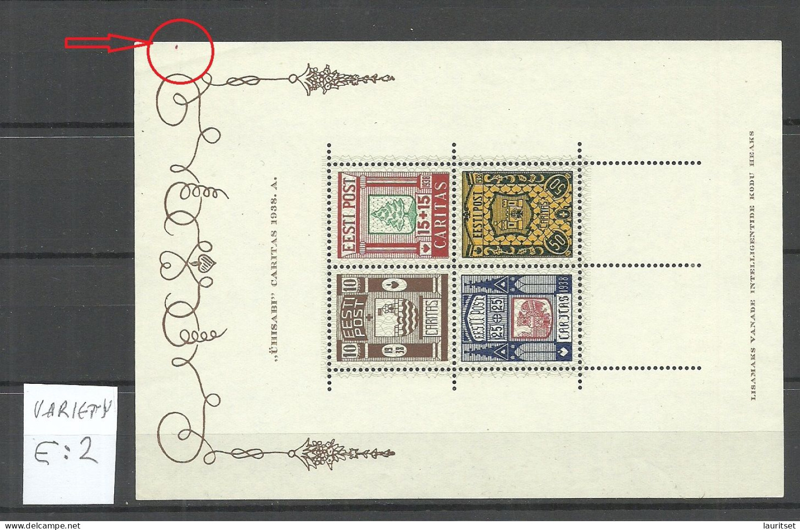 Estland Estonia 1938 CARITAS Block Mi 2 + ERROR VARIETY Abart E: 2 (red Spot) Type 1 Line In The Corners (*) No Gum - Estland