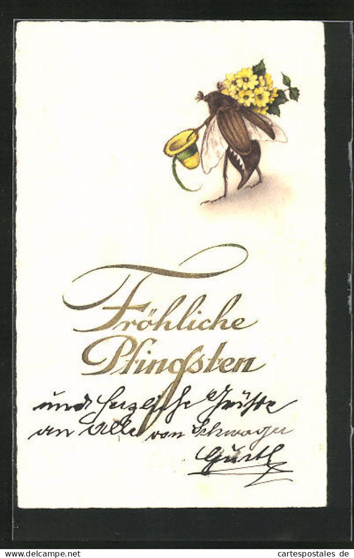 Künstler-AK Maikäfer Mit Blumenstrauss Und Hut  - Insects