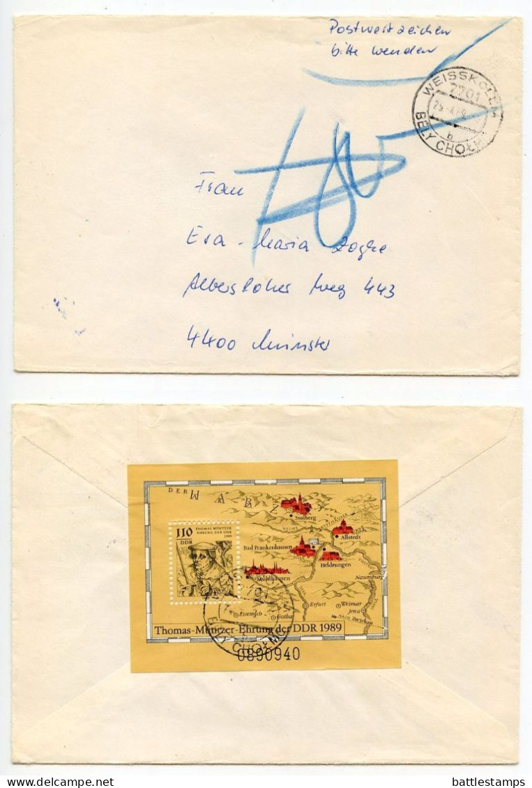 Germany, East 1989 Cover; Weisskollm / Běły Chołmc Postmarks; 11.10m Thomas Munzter Souvenir Sheet - Covers & Documents