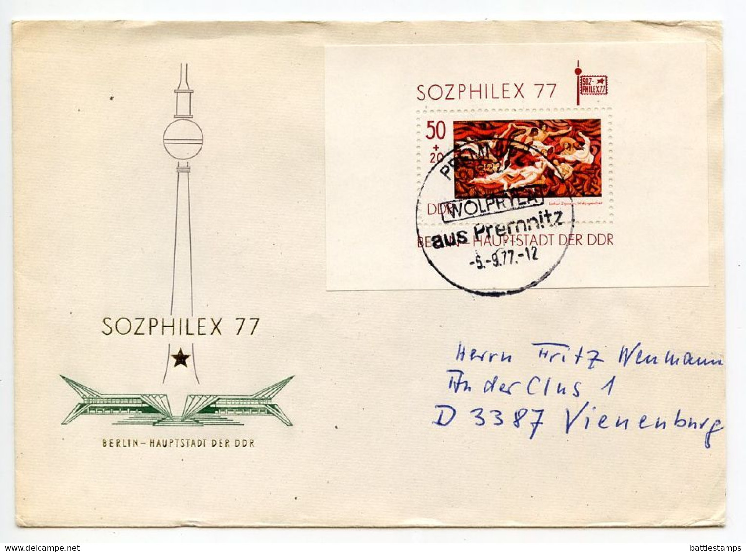 Germany, East 1977 Cover; Premnitz To Vienenburg; 50pf.+20pf. SOZPHILEX77 Philatelic Exhibition Souvenir Sheet - Cartas & Documentos