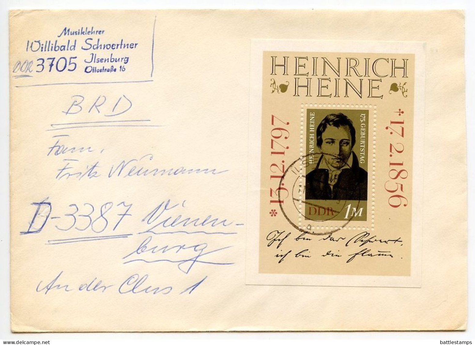 Germany, East 1978 Cover; Ilsenburg To Vienenburg; 1m. Heinrich Heine Souvenir Sheet - Lettres & Documents