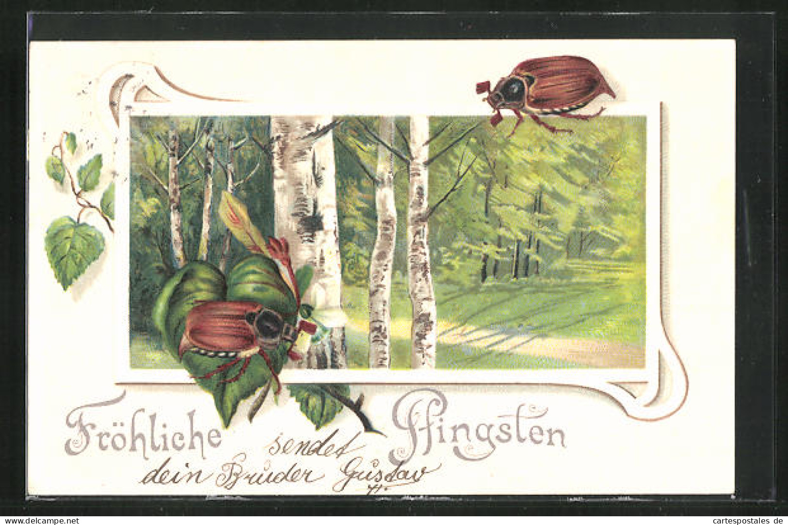 Passepartout-Lithographie Pfingstgruss, Birkenhain, Maikäfer  - Insekten