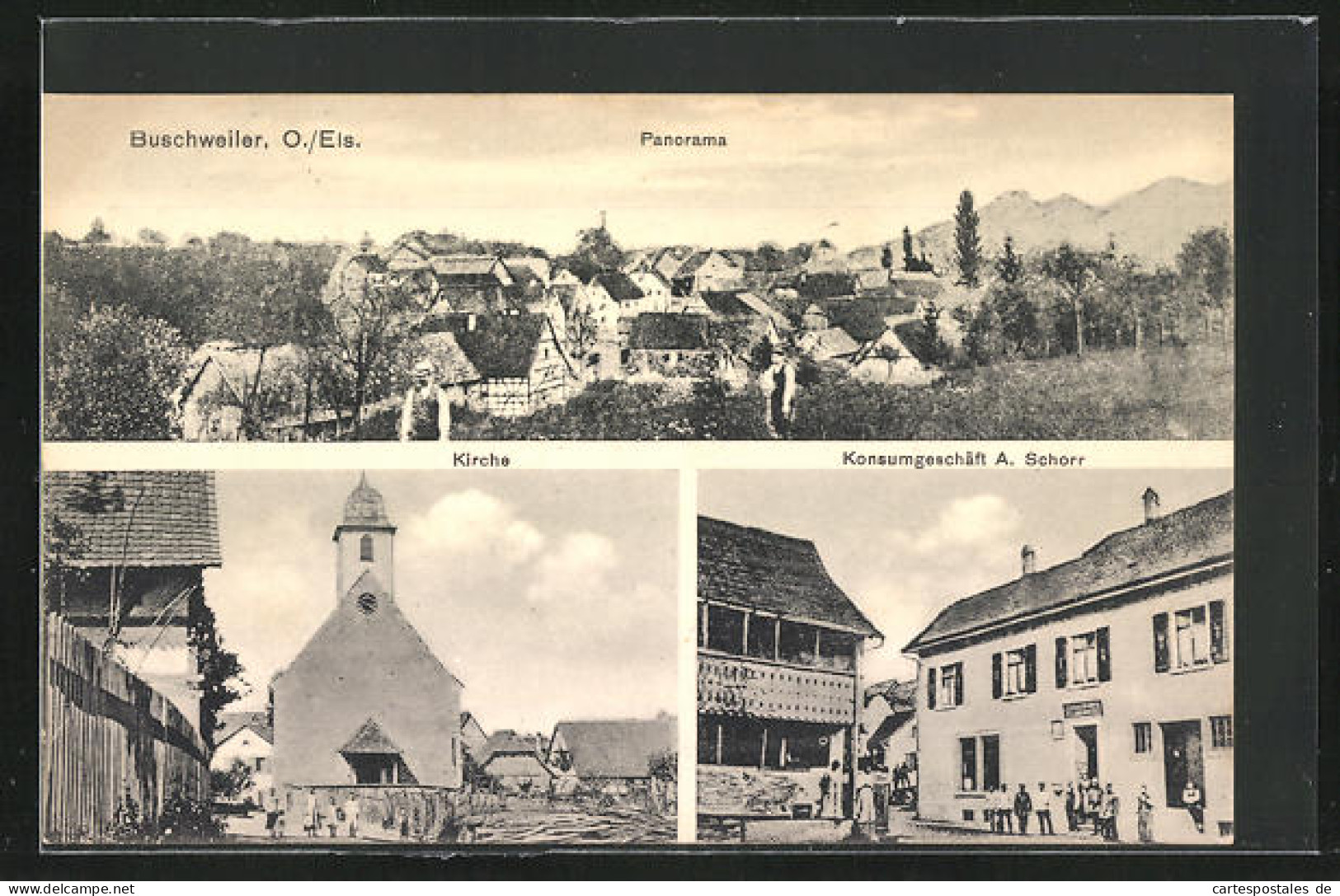 CPA Buschweiler, Konsumgeschäft A. Schorr, L'Église, Vue Générale  - Altri & Non Classificati