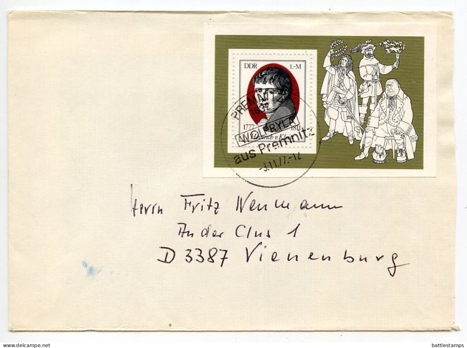 Germany, East 1977 Cover; Premnitz To Vienenburg; 1m. Heinrich Von Kleist Souvenir Sheet - Covers & Documents