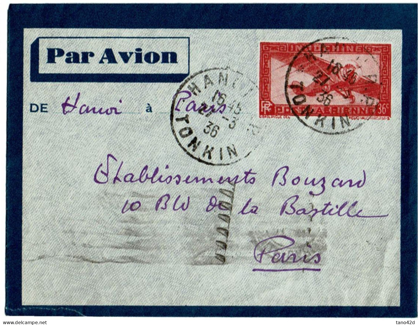 LPP15 -  INDOCHINE ENTIER POSTAL AVION  HANOI / PARIS 27/3/1936 - Covers & Documents