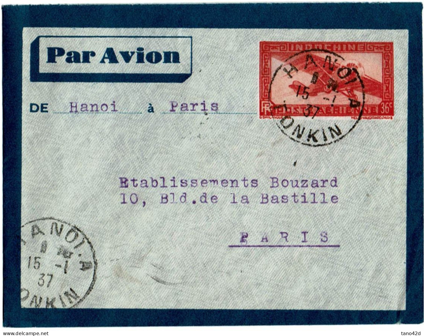 LPP15 -  INDOCHINE ENTIER POSTAL AVION  HANOI / PARIS 15/1/1937 - Lettres & Documents