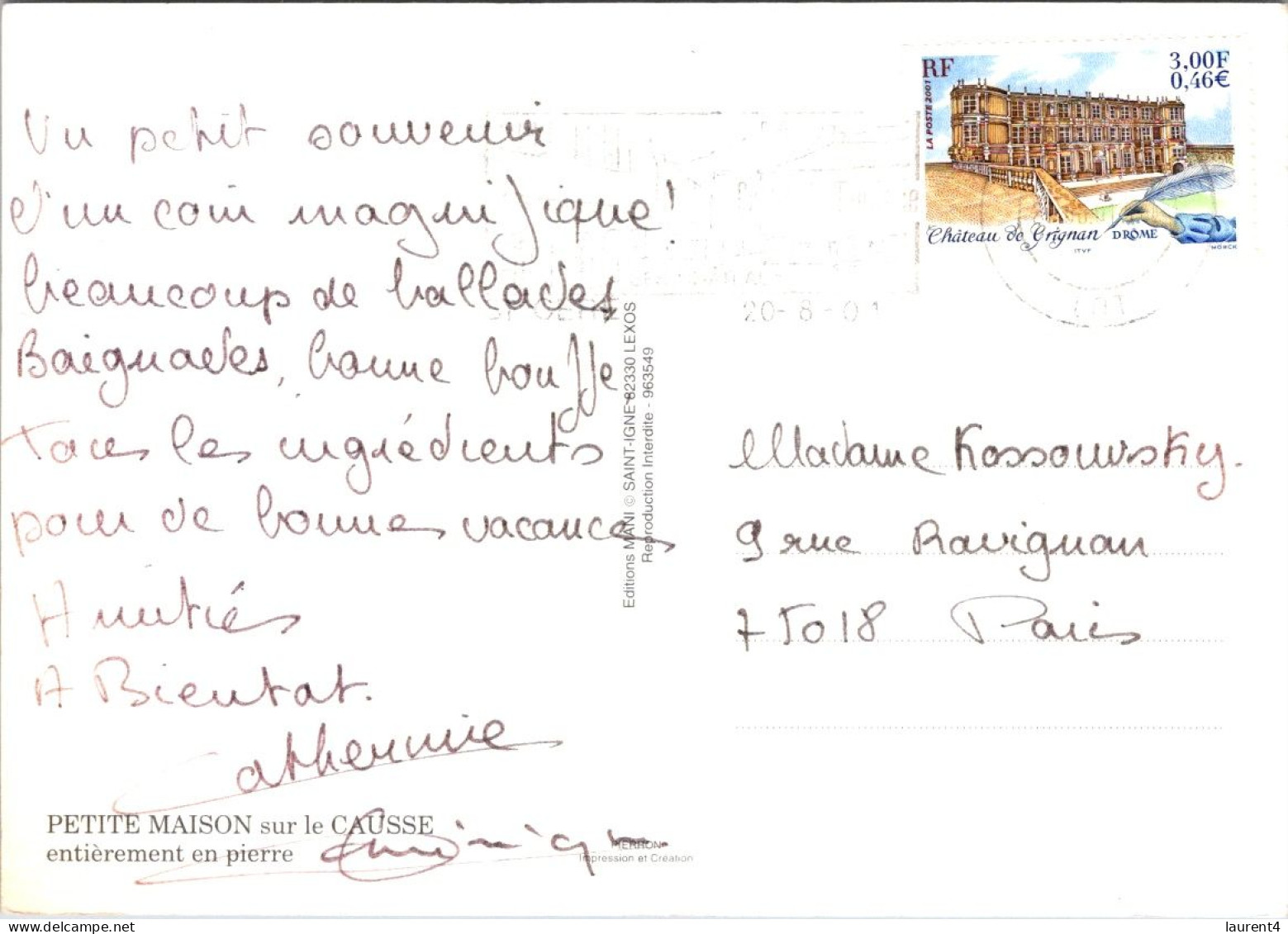 20-4-2024 (2 Z 31) France - Maison En Pierre Des Causse (posted With Grignan Castle Stamp) - Otros & Sin Clasificación